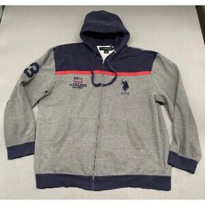 U.S. Polo Assn. Hoodie Mens XXL Gray Blue Cotton Pony Logo #3 Outerwear Full Zip